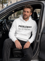 Baltas Hoodis Kokios Problemos ramiam chaosui – lietuviškas marškinėlis su humoru